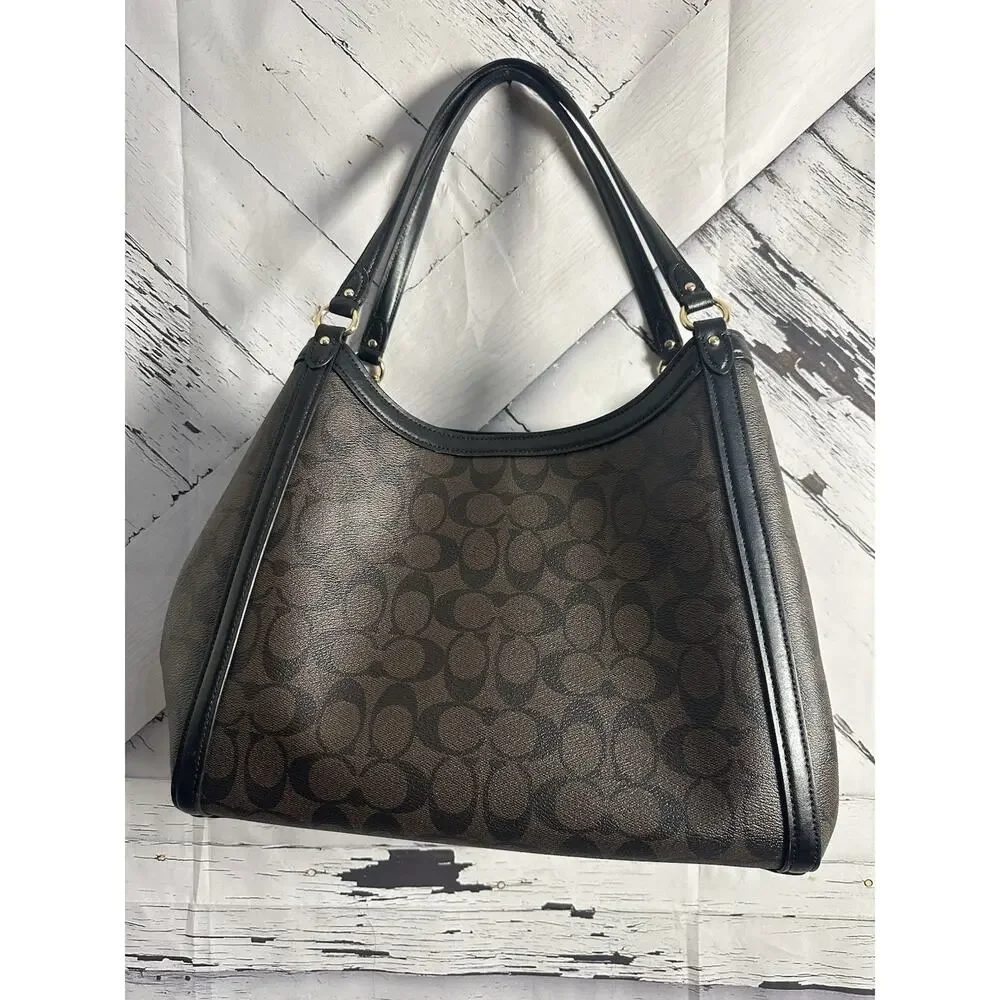 Coach Kristy Shoulder Bag Signature Canvas Brown Canvas Black Leather Trim